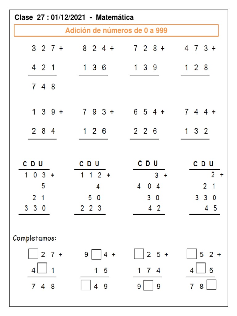 Matemática 27 - Adición de Números de 0 A 999 | PDF