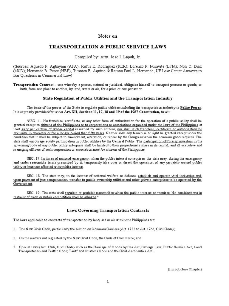 Analysis of Transportation and Public Service Laws in the Philippines