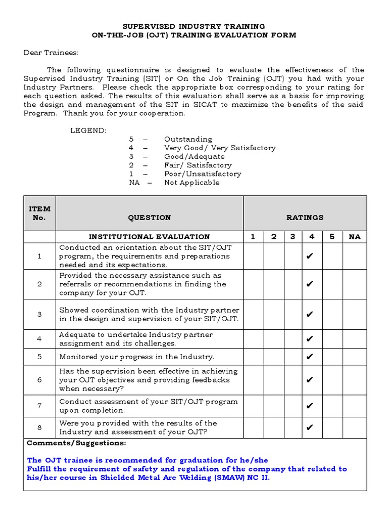 Ojt Evaluation Form Supervised Industry Training Jamf PDF Cognition