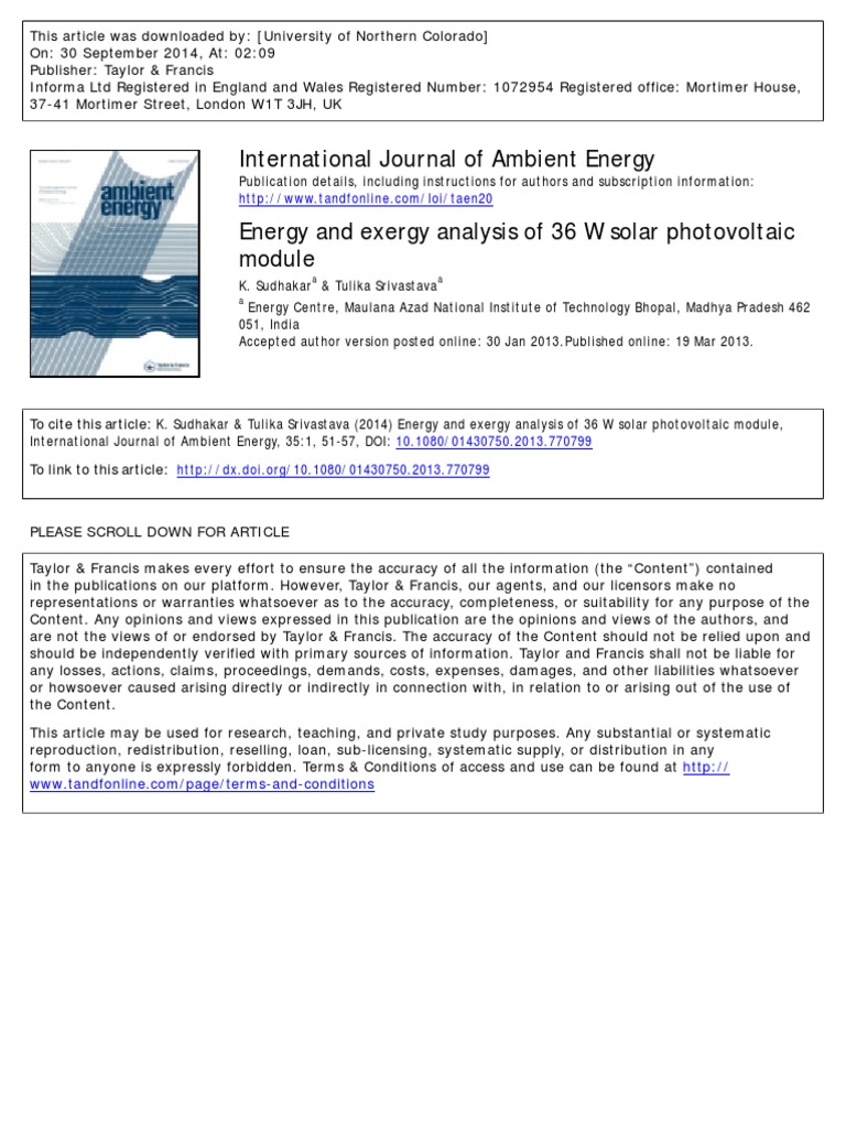 Energy and Exergy Analysis of 36 W Solar Photovoltaic | PDF | Exergy ...