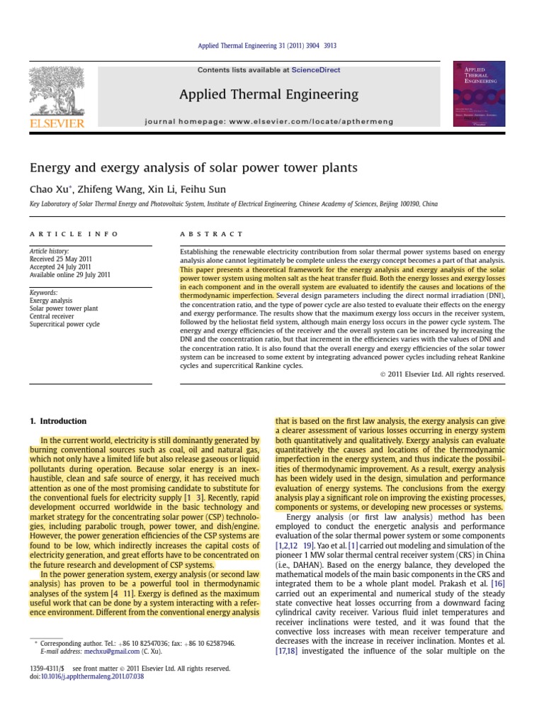 Energy and Exergy Analysis of Solar Power Tower Plants | PDF | Exergy ...