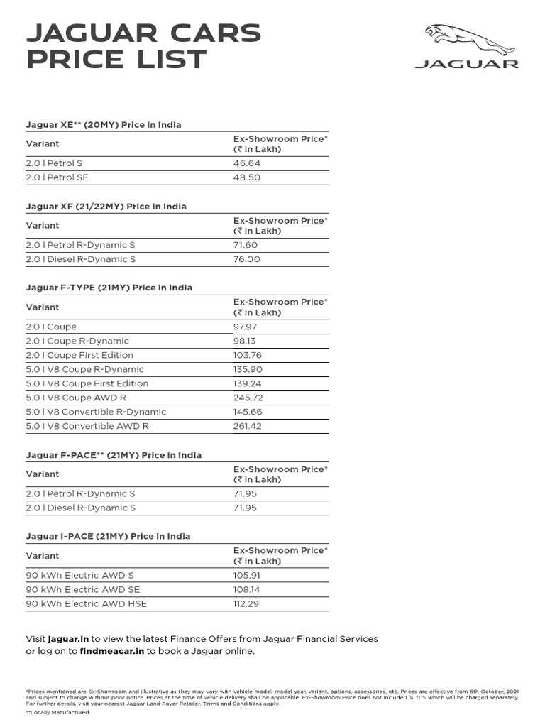 Jaguar Cars Price List PDF Vehicles Car Body Styles
