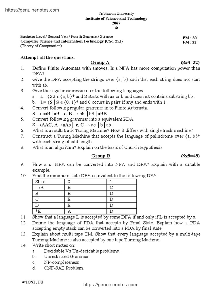 Theory of Computation Exam Questions | PDF | Theory Of Computation ...