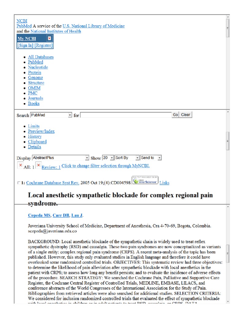 Crps Local Anesthetic Sympathetic Blockade For Complex (Cochrane