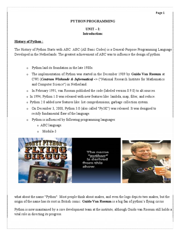 Python Programming Unit - I: History of Python | Download Free PDF ...