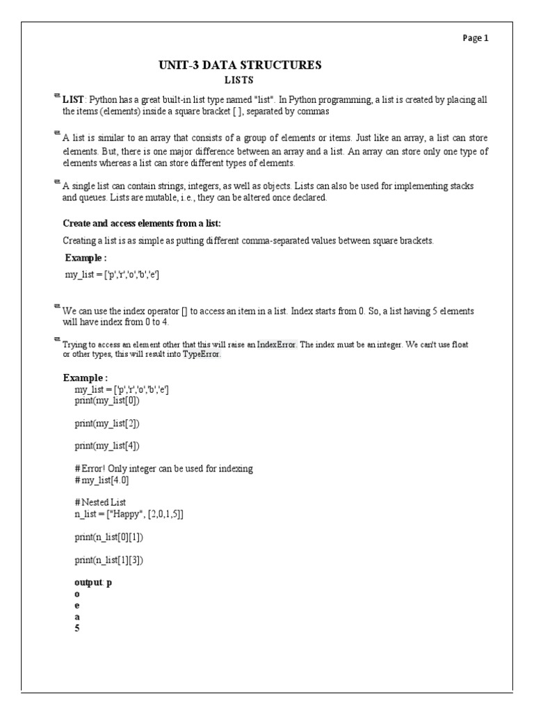 Unit-3 Data Structures: Lists | PDF | Array Data Type | String ...