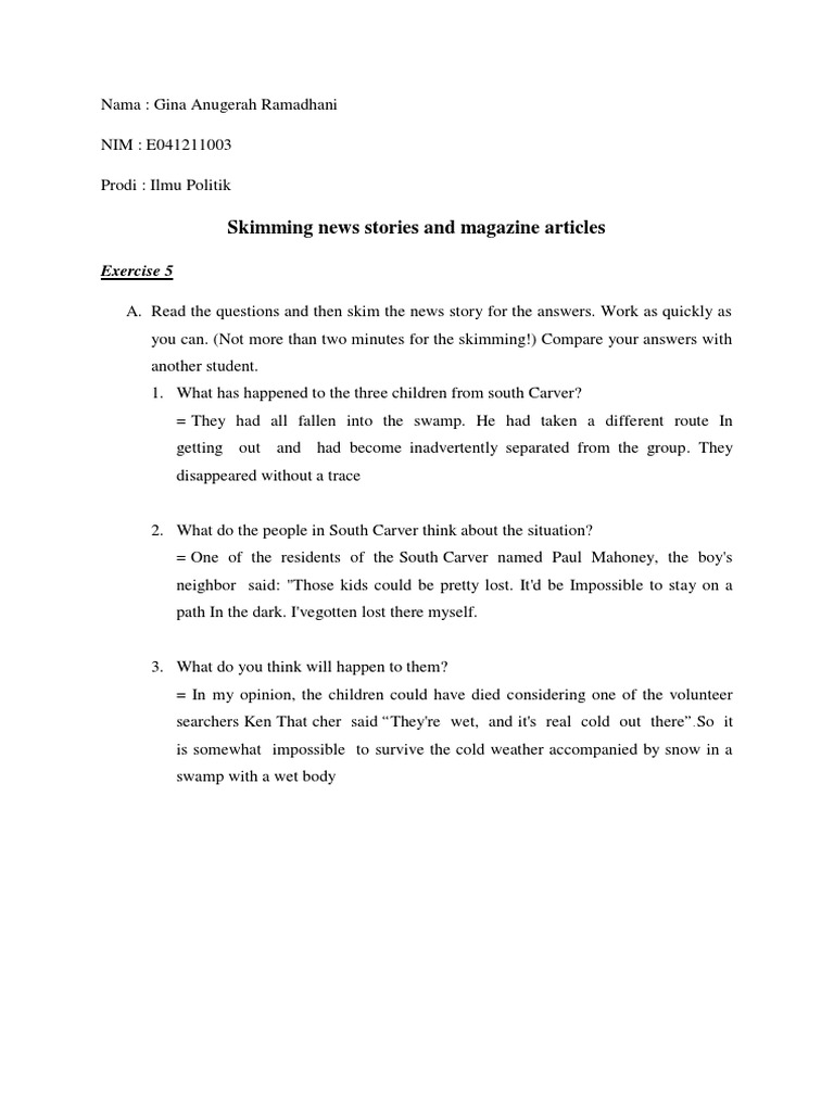 Skimming News Stories and Magazine Articles Exercise 5 PDF