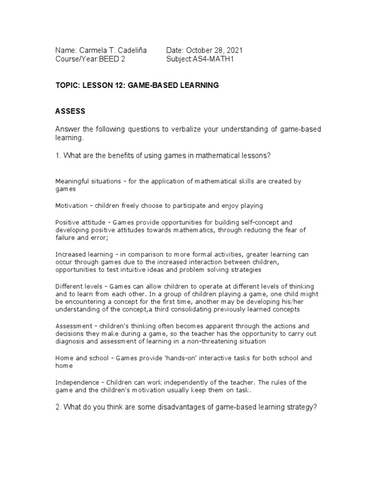 Lesson 12: Game-Based Learning in Math | PDF | Learning | Teachers