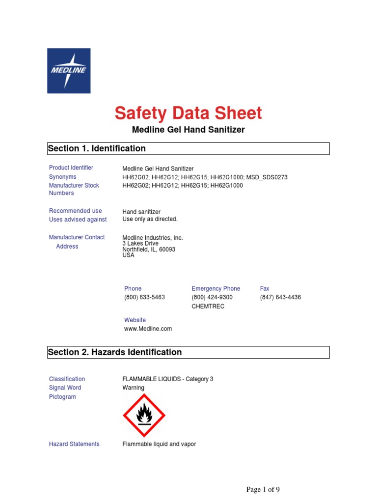 Safety Data Sheet Medline Gel Hand Sanitizer Section 1. Identification