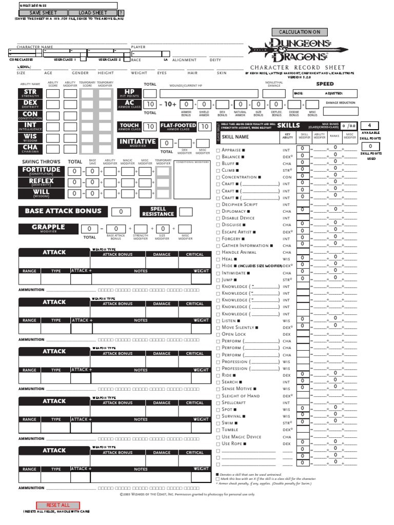 D&D 3.5 Automated Character Sheet v5.2.0 PDF Role Playing Games