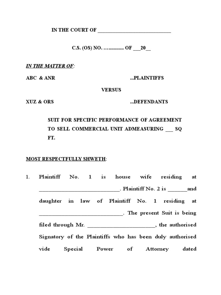 Suit For Specific Performance With Alternate Prayer | PDF | Lawsuit ...