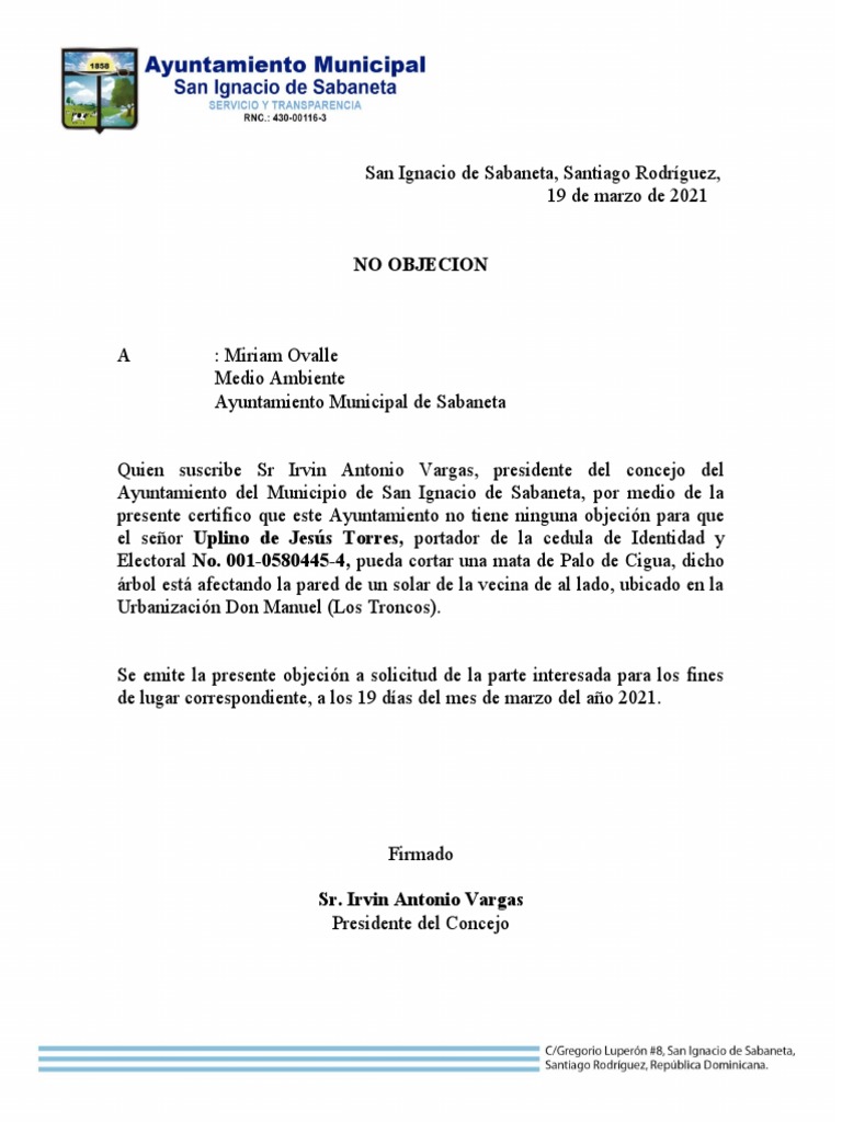 CARTA NO OBJECION PARA CORTAR ARBOL DE MANGO 3 Los Joyos PDF