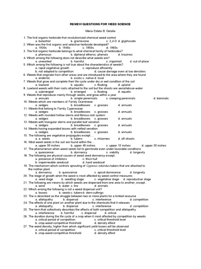 Review Questions For Weed Science | PDF | Seed | Herbicide