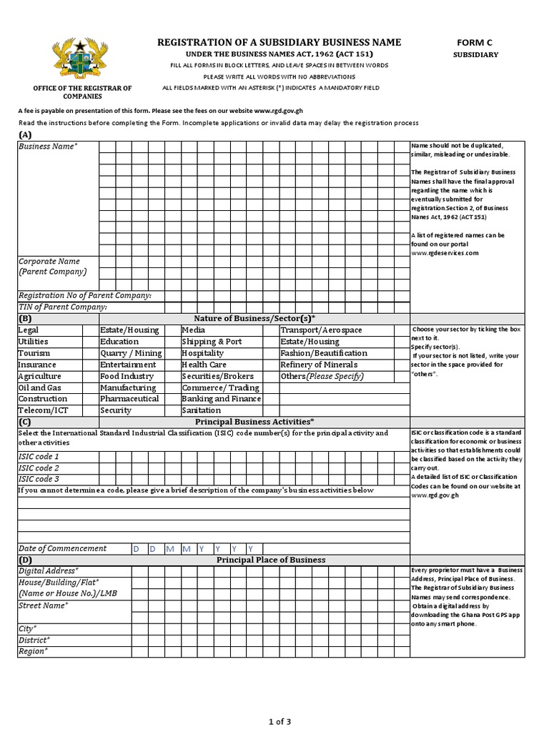 Registration of A Subsidiary Business Name Form C | PDF | Mail | Employment