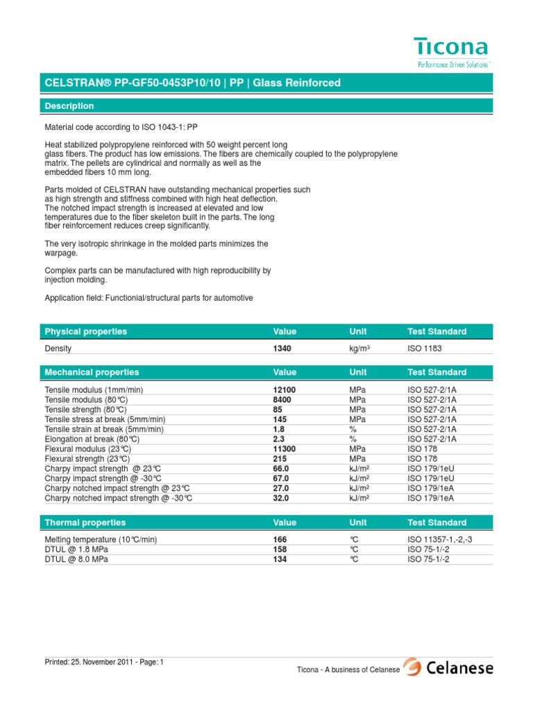 PP GF50 - Celstran Ticona PP-GF50-0453P10-10 | PDF | Strength Of ...