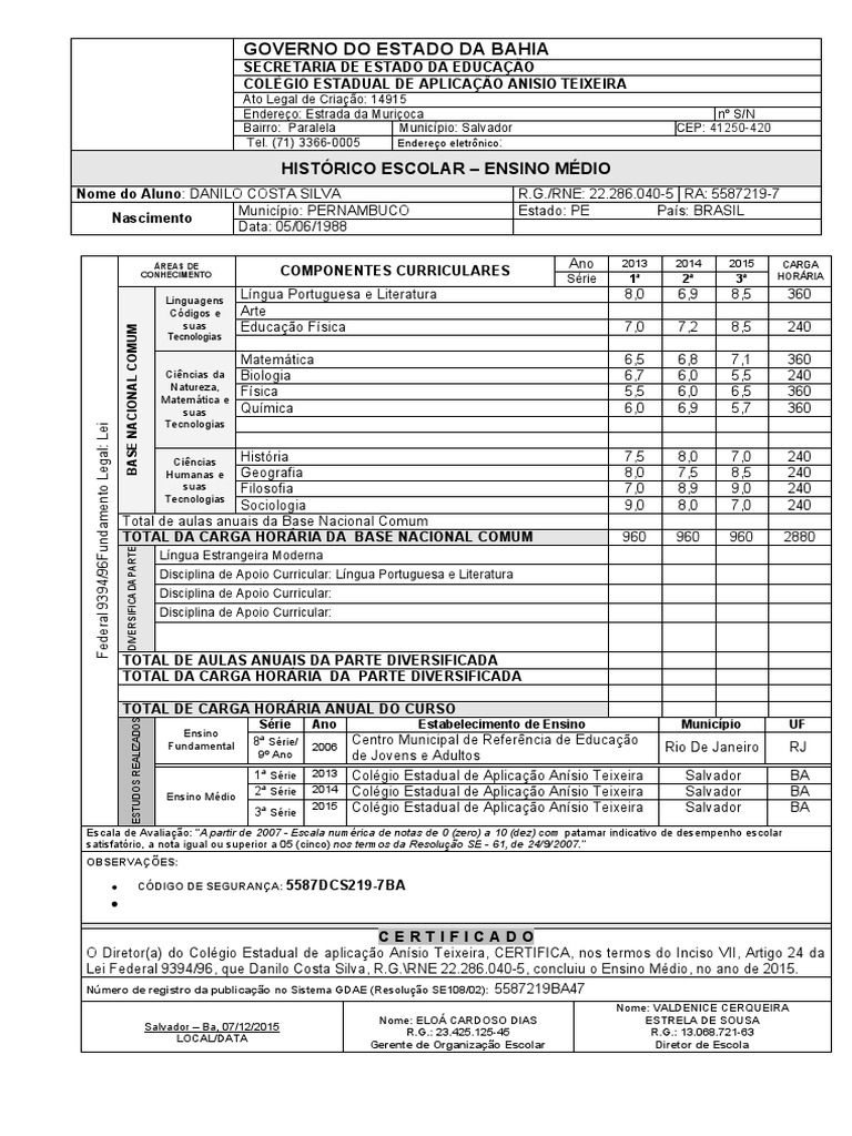 HISTORICO ESCOLAR MÉDIO Com Notas PDF