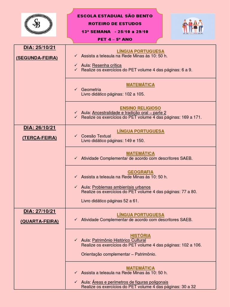 Roteiro de Estudos 5º Ano - Semana 13 | PDF