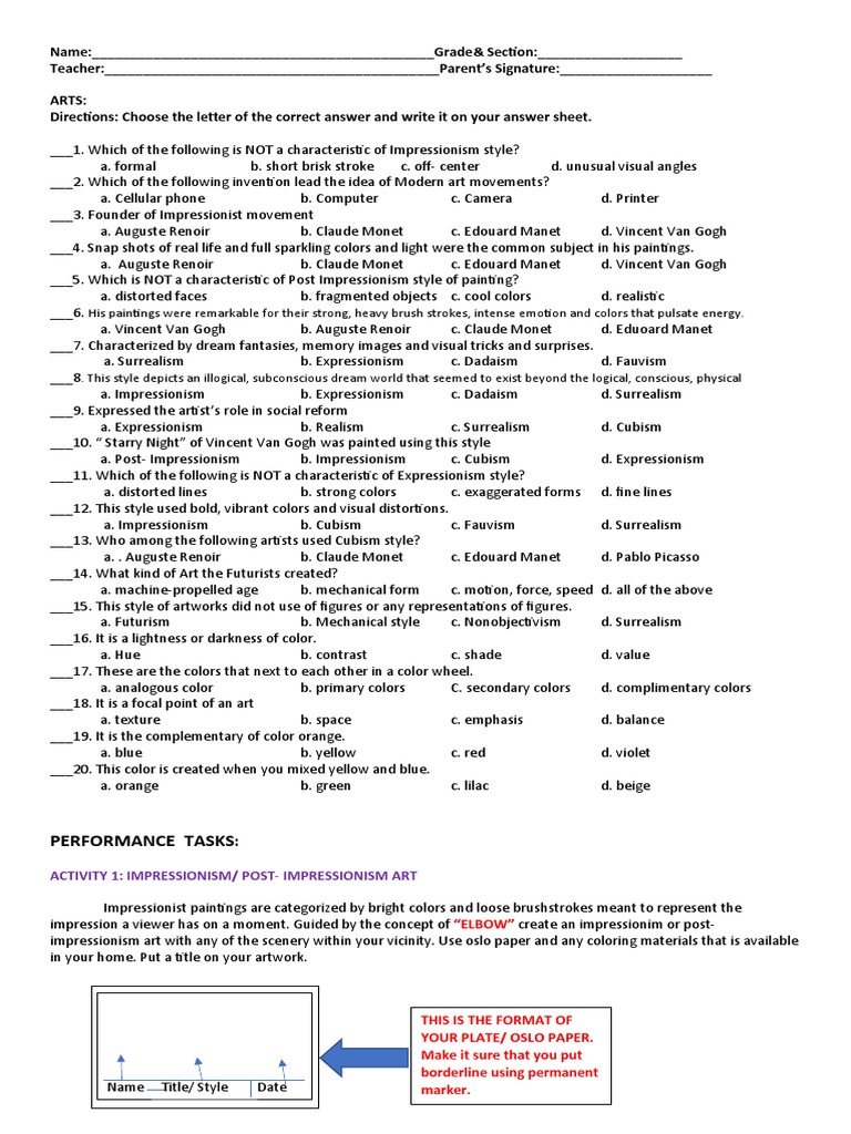 ART Assessment and Performance Task | PDF | Impressionism | Paintings