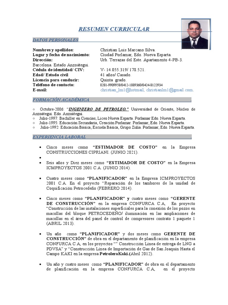 Resumen Curricular Christian Marcano | PDF | Informática