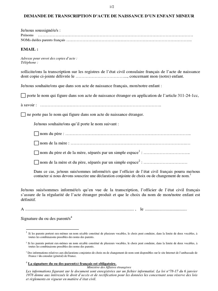 Demande de transcription acte de naissance | PDF | Certificat de ...