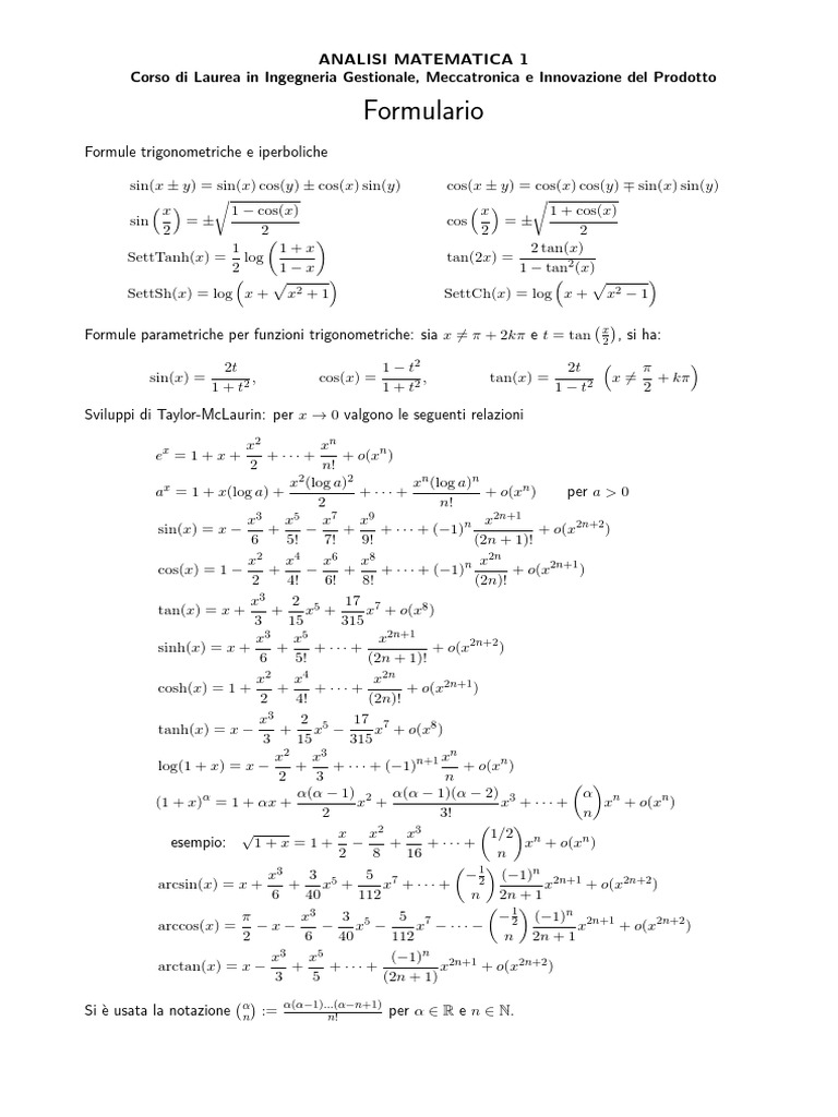 Formulario Analisi 1 | PDF