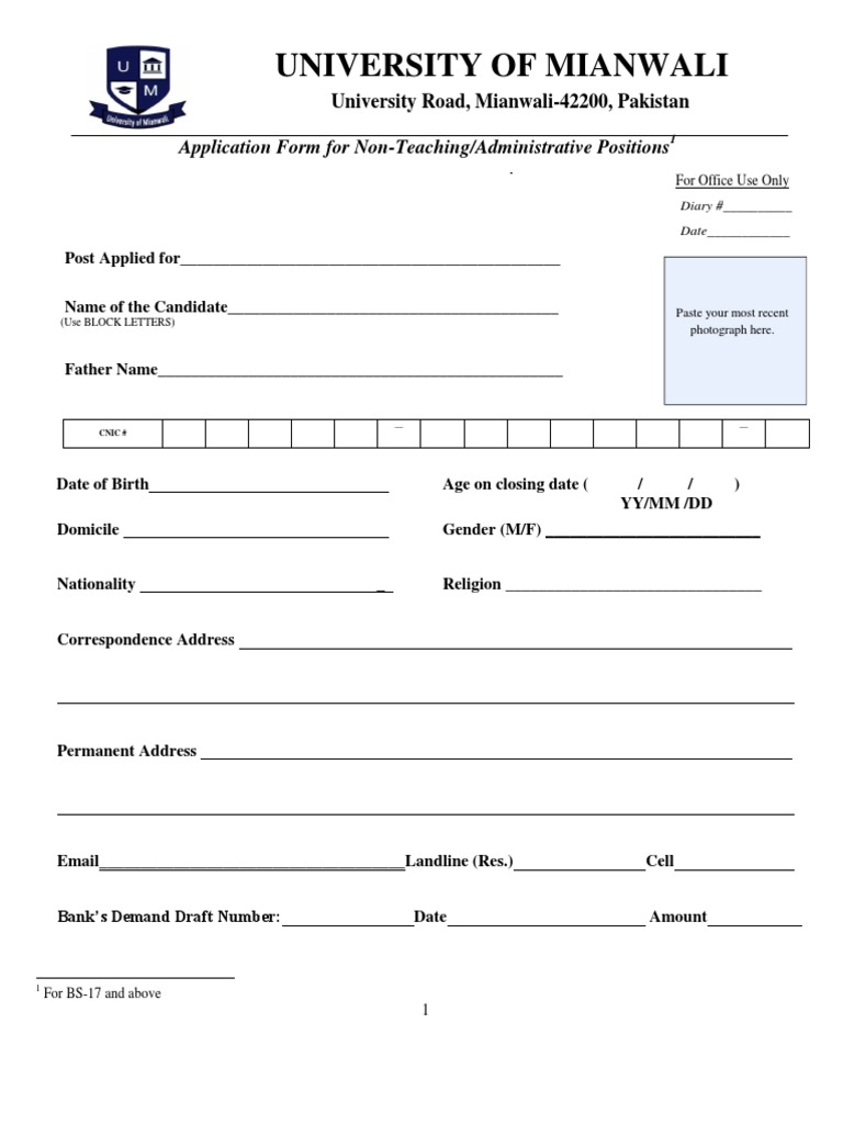 University of Mianwali: Application Form For Non-Teaching ...