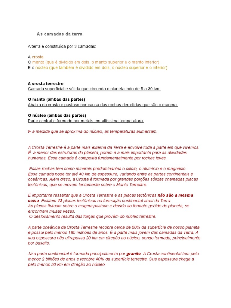 As 3 Camadas Da Terra Crosta Manto E Núcleo Pdf Terra Crosta