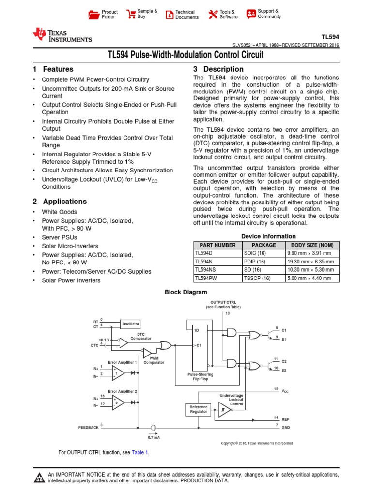 TL594 Pulse-Width-Modulation Control Circuit: 1 Features 3 Description ...