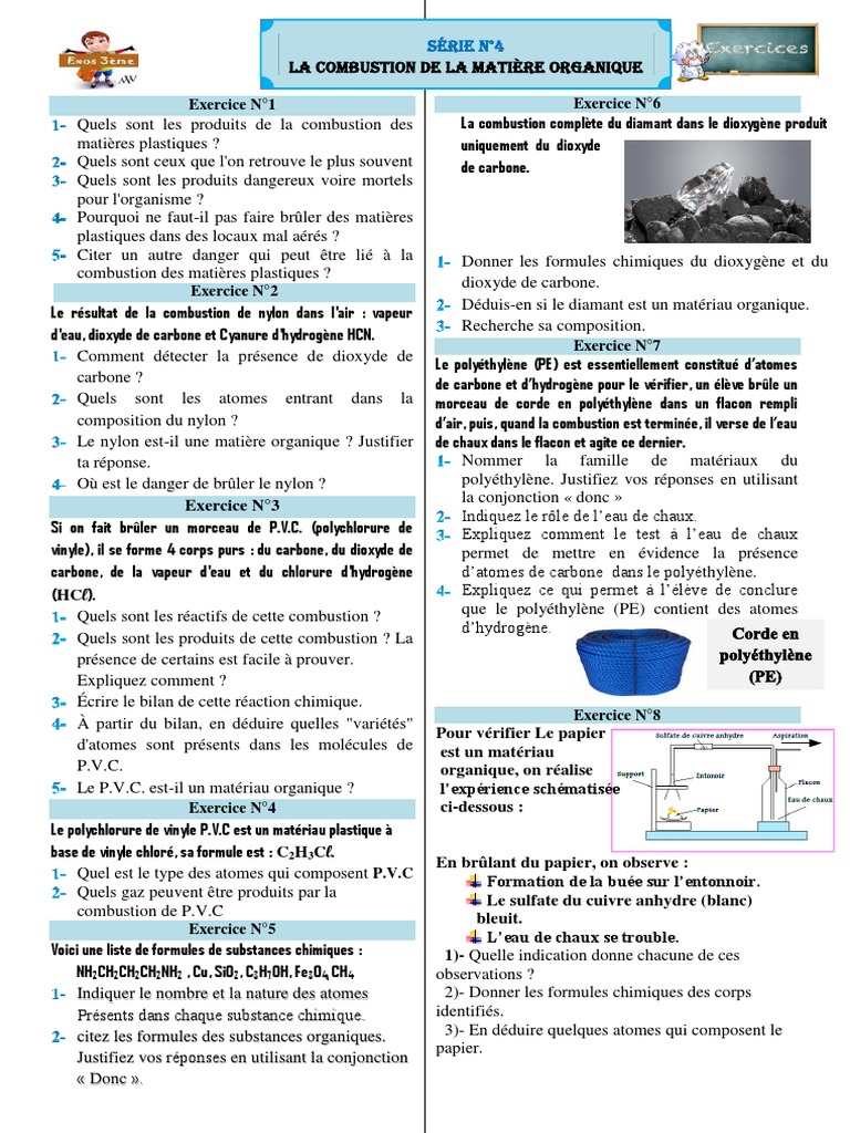 Exercices sur la combustion en 4ème | PDF | Carbone | Polyéthylène