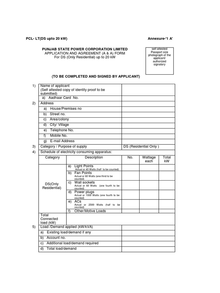 Application for Residential Electricity Connection of up to 20 kW in