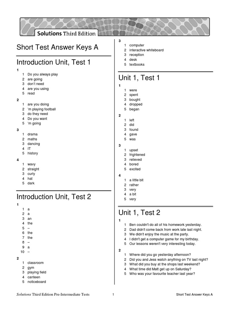Pre-Intermediate Test Answer Keys | PDF