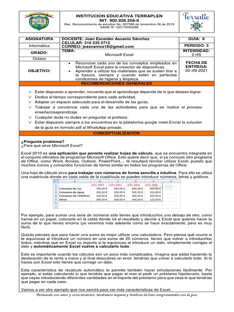 Guia 6 Informatica Octavo Grado | PDF | Microsoft Excel | Microsoft Office