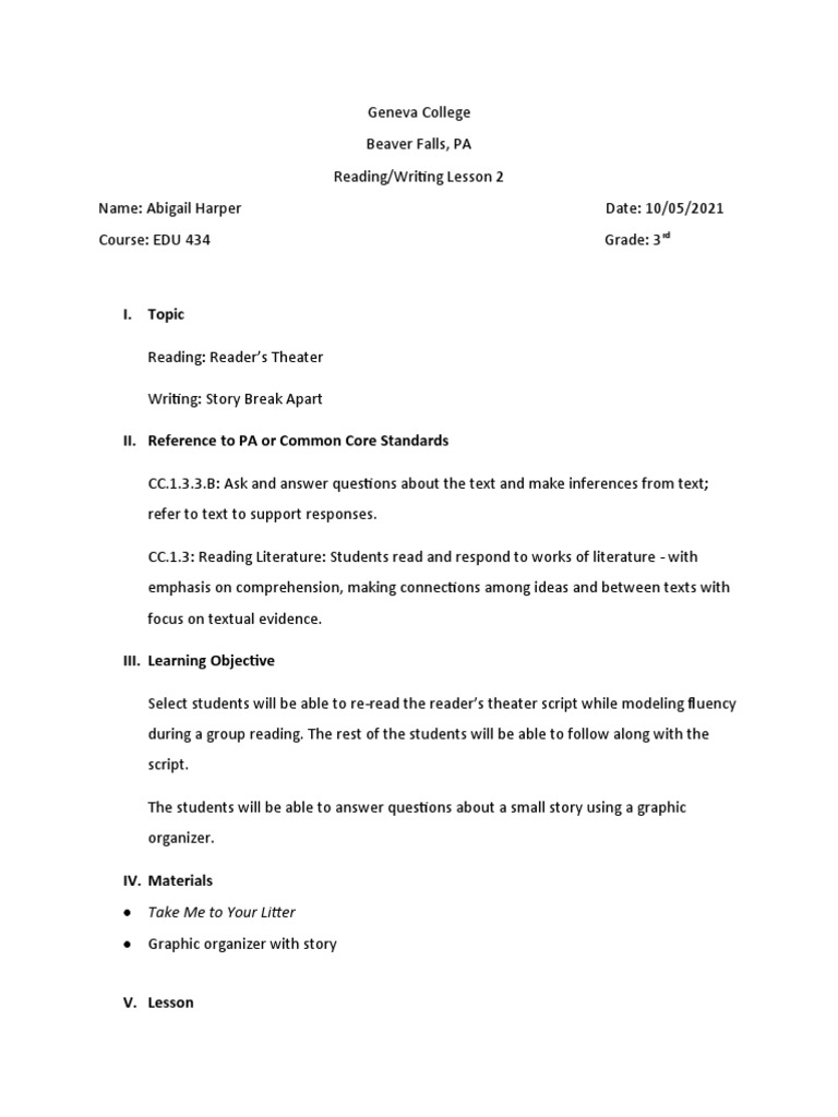 3rd Grade Reading & Writing Lesson | PDF | Reading Comprehension ...