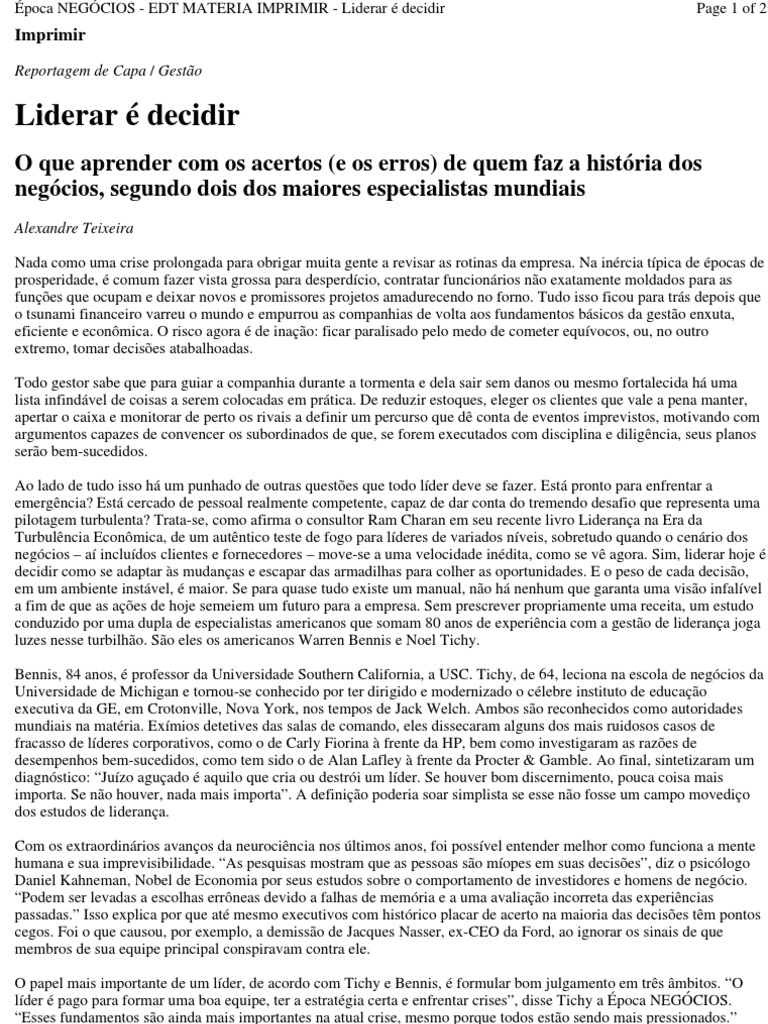 Decisão: Lições de Noel Tichy | PDF | Liderança | Consultor