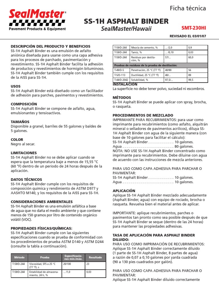 Ss 1h Asphalt Binder PDF Agua Química