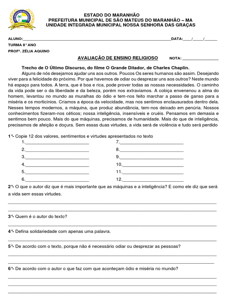 Prova de Ensino Religioso 8° Ano | PDF