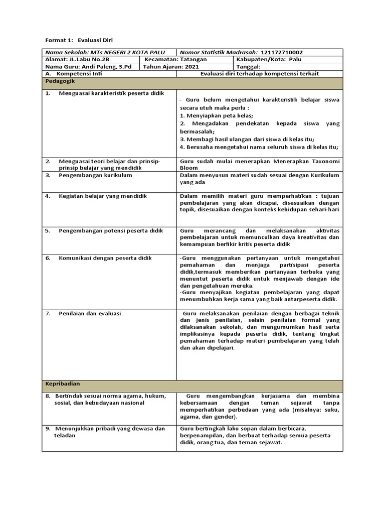 EVALUASI DIRI GURU Dipa | PDF | Karier & Perkembangan | Seni