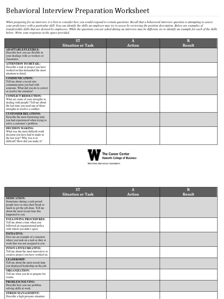 Behavioral Interview Preparation Worksheet PDF Leadership Leadership