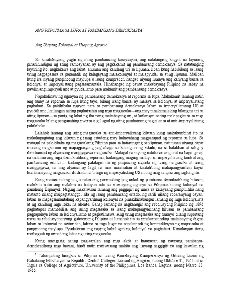 SND - Ang Reporma Sa Lupa at Ang Pambansa Demokrasya | PDF