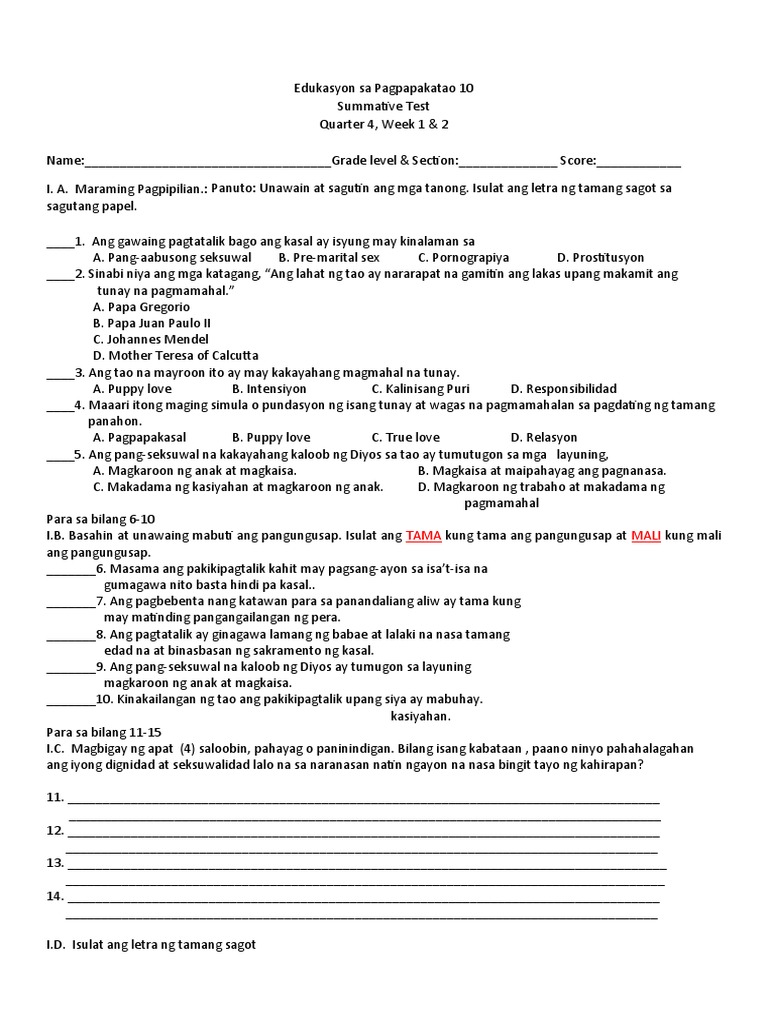 4th Quarter Summative Test Week 1 0 2 AutoRecovered | PDF