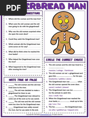 Gingerbread Man Esl Printable Reading Comprehension Questions Worksheet for Kids