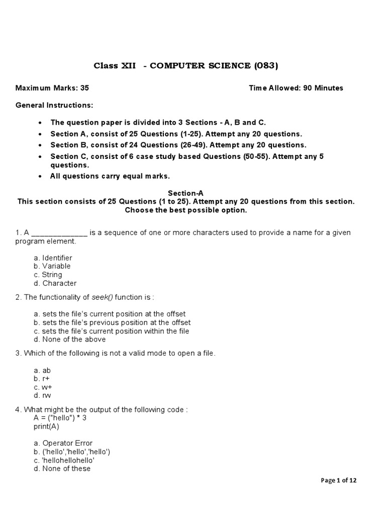 Computer Science Class 12 Sample Question Paper 1 PDF Text File