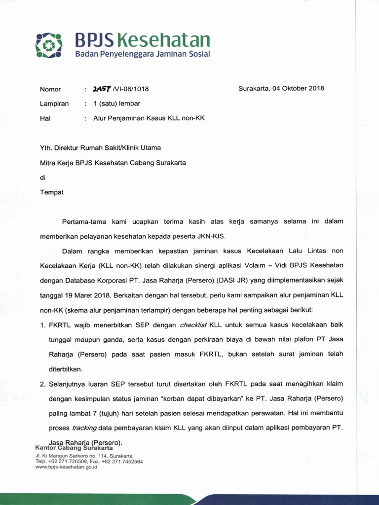 Surat BPJS Kesehatan 2018 Alur Penjaminan Kasus Kecelakaan Lalu Lintas