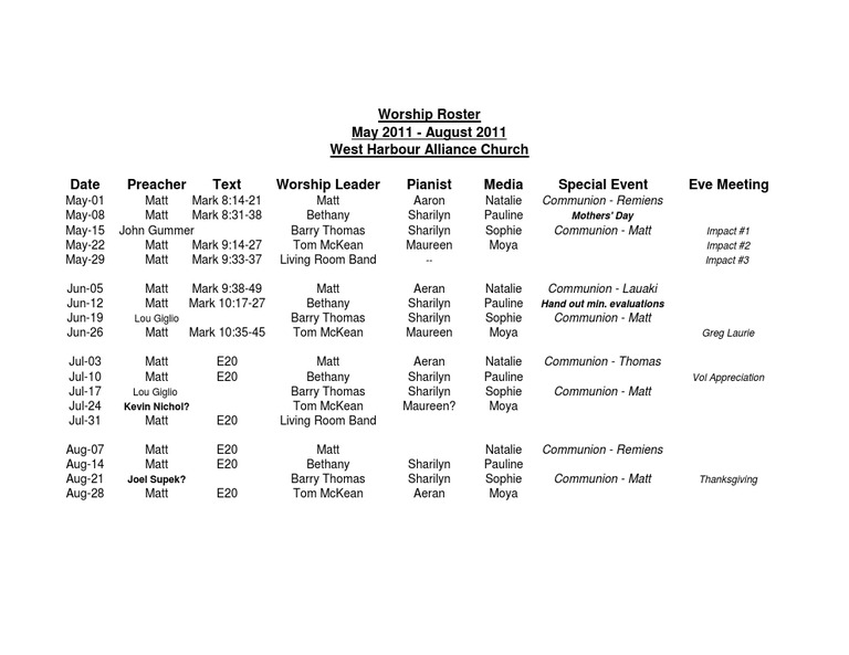 Worship Roster May-Aug 2011 | PDF
