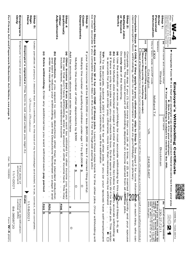 Va W4 PDF Payroll Tax Refund