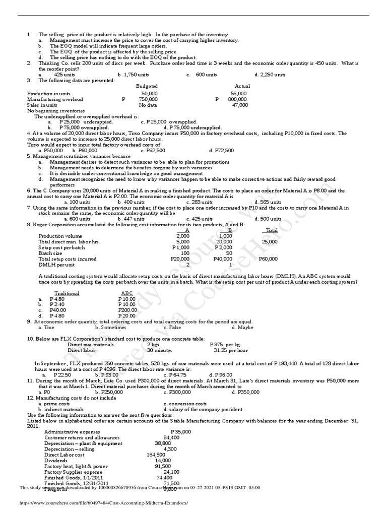 Cost Accounting Midterm Exam Review | PDF | Inventory | Cost