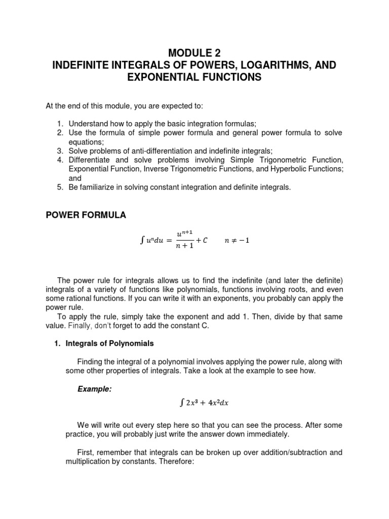 Indefinite Integrals: Powers, Logs, Exponentials | PDF | Exponentiation ...