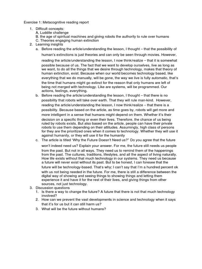 Exercise 1 - Metacognitive Reading Report | PDF | Human | Robotics