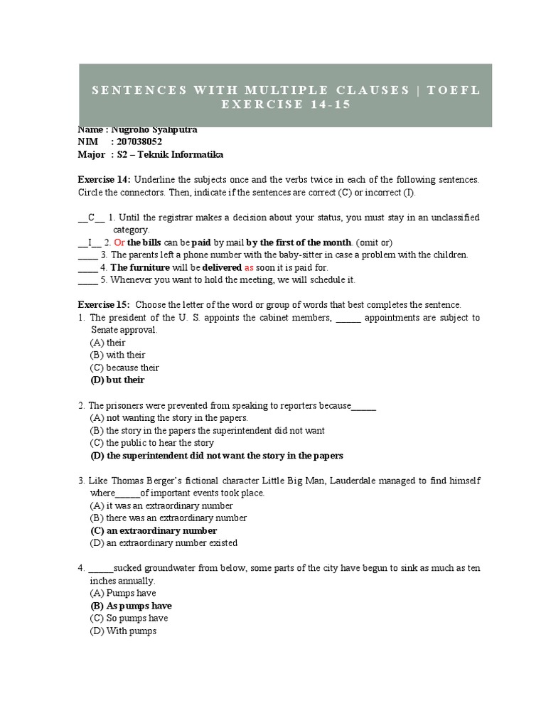 TOEFL Exercises 14-15 Overview | PDF | Sentence (Linguistics) | Linguistics