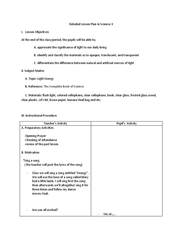 Science 3 Detailed Lesson Plan | PDF | Light